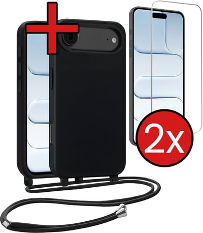 Hoesje Geschikt voor iPhone Air Hoesje Siliconen Case Met Koord Met 2x Screenprotector - Hoes Geschikt voor iPhone Air Hoesje Backcover Met Telefoonkoord - Zwart