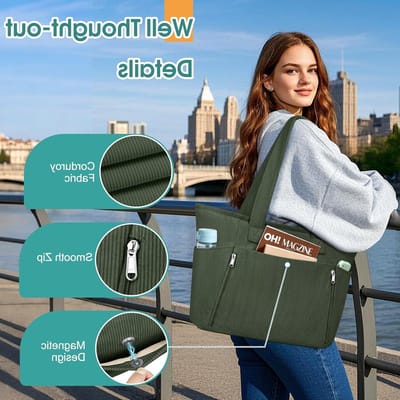 Grote Lichte Corduroy Schoudertas voor Laptops tot 15,6 Inch, Ideaal voor School, Werk en Winkelen
