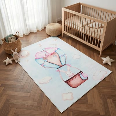 Tapiso Kids Kindervloerkleed Konijn Luchtballon – Zacht Babykamertapijt Lichtblauw Roze Aquarel – Antislip Wasbaar 80x150