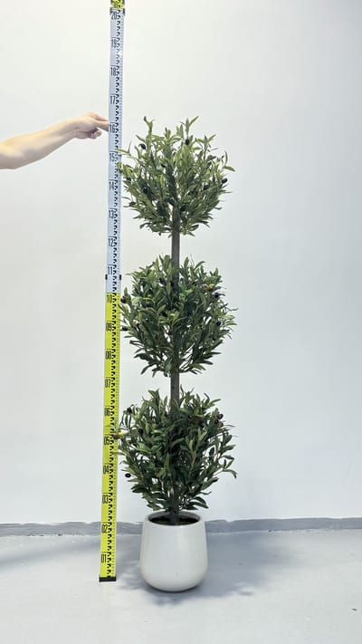 Kunstmatige olijfboom van 5 ft, topiary met drie bollen, inclusief mos en pot; realistische kunststruiken en -bomen voor binnen en buiten; ronde struiken en kunststruiken in potten voor thuis, op kantoor of als veranda-decoratie; set van 2