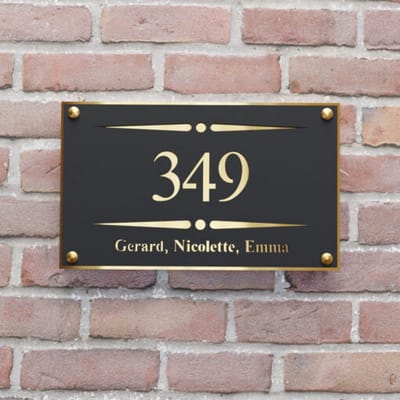 Naambordje voordeur - Huisnummerbord - Rechthoek stip streep - 25x15 - zwart/goud - RVS afstandshouders
