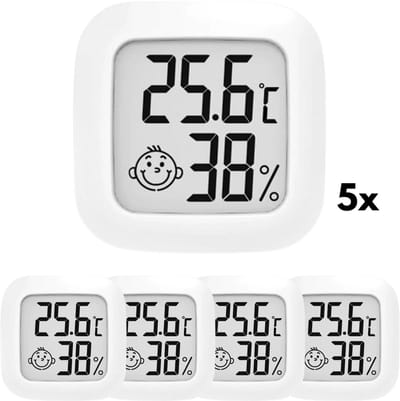 Knaak Hygrometer Set van 5 - Thermometer Binnen - Luchtvochtigheidsmeter - Wit- Incl. Batterijen & Plakstrips