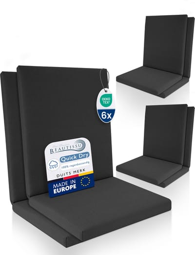 Beautissu QD-NL – Set van 6 Premium Tuinstoelkussens Lage Rug 105x48 cm – 100% Waterdicht – Weerbestendig – Sneldrogend – UV-bestendig – Antraciet