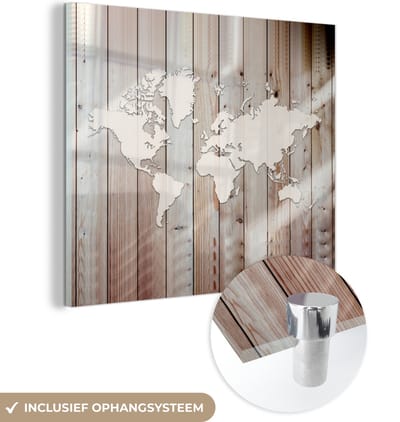 ® Glasschilderij 90x90 cm - Schilderij acrylglas - Wereldkaart - Wit - Hout - Foto op glas - Muurdecoratie woonkamer - Wanddecoratie slaapkamer - Schilderijen