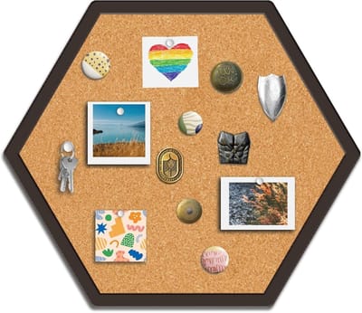 Allecto - Zeshoekig kurkbord - Pin prikborden - Wandmontage - Houten decoratieve geheugen memo - Broche reversspeldjes - Fotohouder - Opslag voor kantoor - Woondecoratie