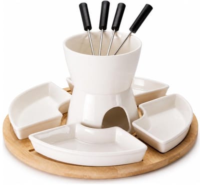 Excellent Houseware Chocolade fondue set - keramiek/bamboe - fondueset - incl 4 vorken