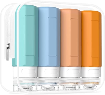 Famanu – Siliconen reisflessen set - BPA-vrij en lekvrij - inclusief transparante toilettas - 4 stuks - geschikt voor shampoo - lotion en andere toiletartikelen - duurzaam en praktisch voor handbagage en reizen