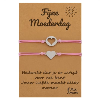 Moeder Dochter Armbandjes voor 2 "Fijne Moederdag" - Hartjes - Moeder Kind Armbandjes met Persoonlijk Cadeau Kaartje voor mama - Zilverkleurig & Roze - Elastisch Verstelbaar - Pax Amare