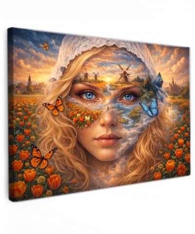 Online Schilderij - Tulpenvelden Portret met Windmolens - 90x60 cm - woonkamer - Holland - Nederland - Tulpen - Portret