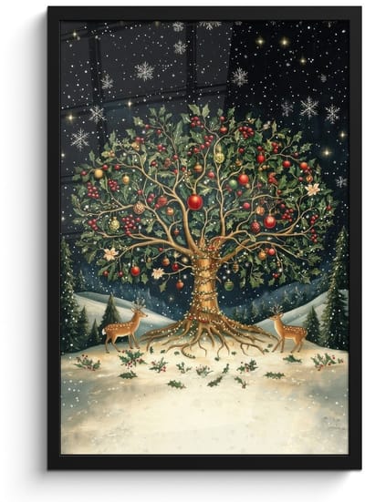 Poster in lijst - Fotolijst 40x60 cm - Posters - Feestboom - Winterhemel - Kleurrijk - Posterlijst zwart - Decoratie - Wanddecoratie woonkamer - Muurdecoratie slaapkamer - Kerstversiering - Kerstdecoratie voor binnen - Kerstmis