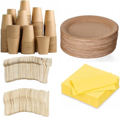500 stuks x Houten wegwerp bestek set eco/milieubewust - 100 kartonnen borden 23cm + 100 kartonnen bekers 240ml+ 100 Vorken 16cm+100 messen 16cm+ 100 bio servetten geel 33x33cm