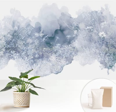 Wallfluent Behang - Bloemenweide Vliesbehang - 152x104 cm - Wit Behang - Voor liefhebbers van modern design en abstracte kunst - Behang Voor de woonkamer, voor het kantoor, voor de slaapkamer - Wandbekleding Bloemen en planten