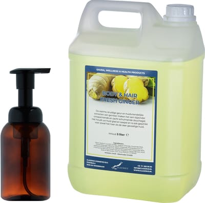Zeepdispenser 300 ml amber bruin hervulbaar + 5 liter Body & Hair Fresh Ginger navulling