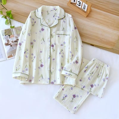 Lente en Zomer Nieuwe Dames Pyjama Set 100% Katoen Crêpe Lange Mouw Tweedelige Set Dunne Pyjama voor Dames 2XL beige