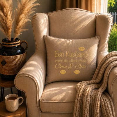 Sierkussen Kussen met tekst bedrukt cadeau | een kussen voor de allerliefste opa en oma | zad beige met goud 50x50 cm met vulling | verjaardag vrouw mama feestdagen sinterklaas kerstmis hoera je wordt zwangerschapsaankondiging liefste aanstaande
