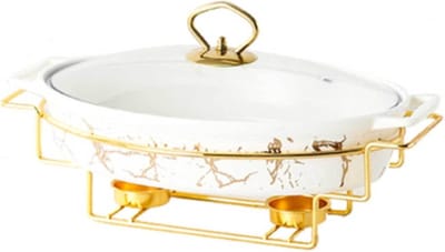 Warmhoudschaal Buffetset - Keramische Schaal - Eten Warm Houden - Marmerlook Afwerking - 1 Liter - Wit