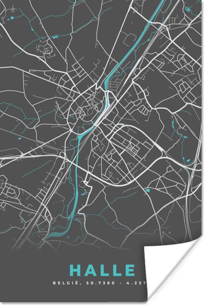 Poster België – Halle – Stadskaart – Kaart – Blauw – Plattegrond - 120x180 cm XXL