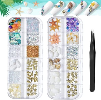Set van 2 dozen 24 soorten strasssteentjes en kralen voor zomerse nagelkunst met oceaanmotieven