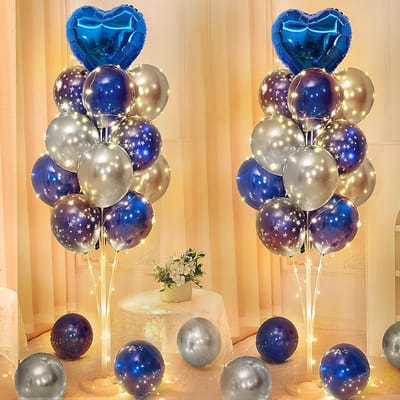 Ballonstand Set van 2 Stuks, 1.3m Hoog, Herbruikbare Ballonhouder met LED Verlichting voor Bruiloften en Feesten, Inclusief Ballonnen in Blauw en Zilver