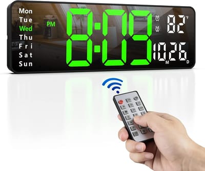Digitale LED Wandklok - 13 Inch Groot Display - Met Afstandsbediening - 10 Helderheidsniveaus - Tijd-Datum-Temperatuur - Voor Woonkamer, Kantoor & Gym - Modern Design