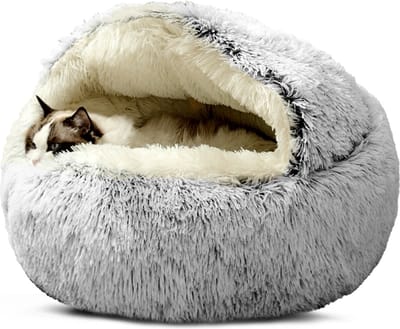 CALIYO Kattentunnel en kattenmand in 1 Hondenmand Schelpvorm - Kattenmand 65 cm - Half Gesloten Hondenkussen - Geschikt voor honden/katten tot 45 cm - Lichtgrijs