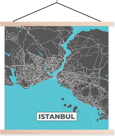 Posterhanger incl. Poster 40x40 cm - Schoolplaat - Istanbul - Blauw - Kaart - Stadskaart - Plattegrond - Textielposter - Blanke latten - Stadskaart