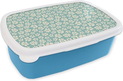 Broodtrommel Blauw - Lunchbox - Brooddoos - Bloemen - Wit - Vintage - Patronen - 18x12x6 cm - Kinderen - Jongen