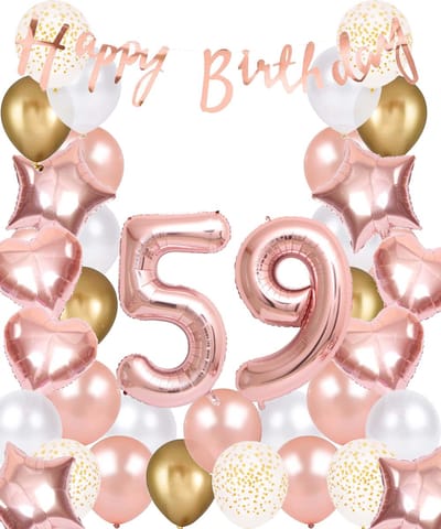 Snoes Ballonnen 59 Jaar Rose Gold White Dots - Compleet Feestpakket met cijfer ballon 59 jaar - Verjaardag Versiering Slinger Happy Birthday – Folieballon – Latex Ballonnen - Helium Ballonnen - Rose Feestpakket