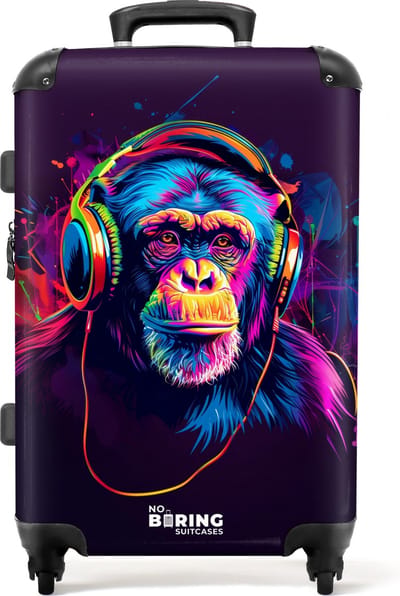 NoBoringSuitcases.com® - Kinderkoffer groot - Kindertrolley koffer - Chimpansee met koptelefoon in neonkleuren - Rolkoffer lichtgewicht - Reiskoffer met 4 wielen - Grote trolley XL - 20 kg bagage