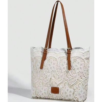 Sac tissé en dentelle fleur sac de plage sac à bandoulière vacances au bord de la mer grande capacité sac de voyage sac polyvalent blanc
