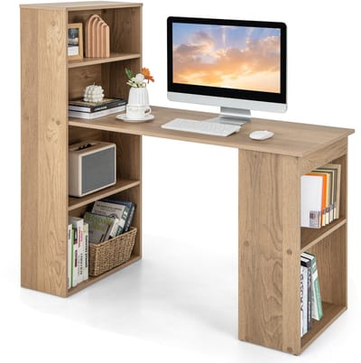 COSTWAY Bureau met boekenkast, computertafel met 6 planken, pc-tafel met plank rechts of links, bureautafel, werktafel voor thuis, kantoor en slaapzaal, 122 x 56 x 122 cm (natuur)
