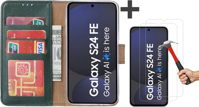 Hoesje met Screenprotectors Geschikt voor Samsung Galaxy S24 FE – Arara bookcase met pasjeshouder - Groen - 2 Stuks