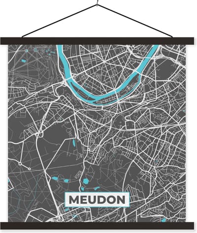 Posterhanger incl. Poster 60x60 cm - Schoolplaat - Stadskaart - Meudon - Frankrijk - Kaart - Plattegrond - Textielposter - Zwarte latten - Stadskaart