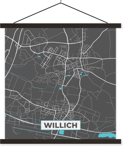 Posterhanger incl. Poster 120x120 cm - Schoolplaat - Stadskaart – Plattegrond – Duitsland – Blauw – Willich – Kaart - Textielposter - Zwarte latten - Stadskaart