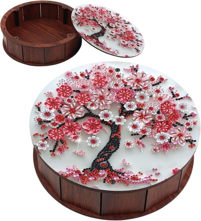 Diamond Painting Ronde snackbox, 19,8 x 5,7 cm, diamantschilderij, snackcontainer, vershouddozen, hout, kleine voorwerpen, organizer-hoes met deksel voor bureau, school, thuis, kantoor