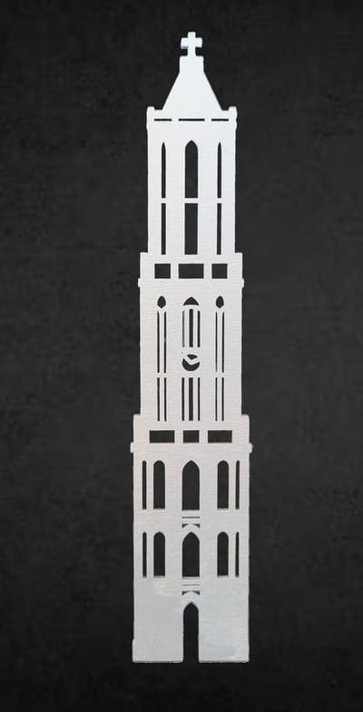 Houten Domtoren Utrecht – 38 cm Hoog x 7,5 cm Breed – Wanddecoratie/Muurdecoratie – Zilver