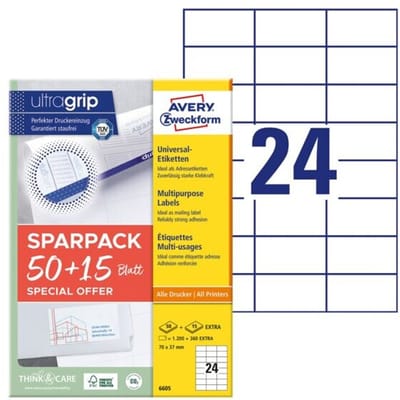 Avery Zweckform etiketten 6605, universeel, ultragrip, geschikt voor inkjet & laserprinters, 70 x 37 mm, 1560 stuks/65 A4 vellen, FSC® papier, wit