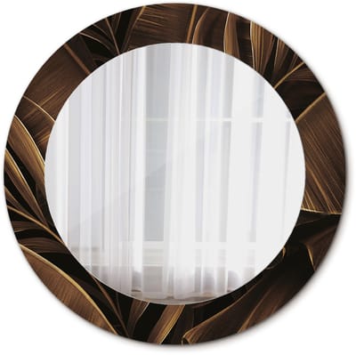 Tulup Spiegel - Spiegel op gehard Glas - Ronde Spiegel - Bruine bananenbladeren - Diameter: 60 cm - Decoratieve spiegel met patroon - Woonkamerspiegel - Inloopkastspiegel - Hal - Bruine - Wanddecoratie Spiegel - Visagiespiegel - Montageset
