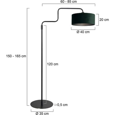 Zwarte Vloerlamp Bloeba 4165ZW van Steinhauer - Verstelbaar in hoogte (150-165 cm), met uitrekbare zwenkarm en groene velours kap van Ø40cm, ideaal voor binnengebruik en trendy styling