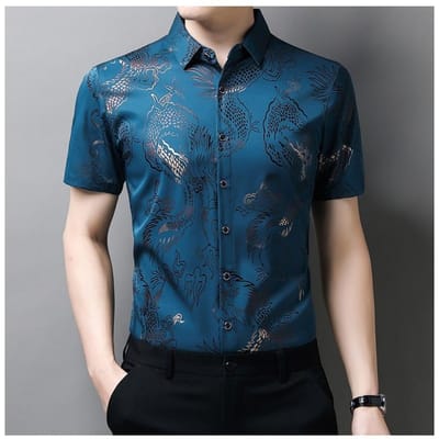 Heren Ice Silk Shirt Casual Revers Dun Kort Mouw Shirt Trendy Jacquard Drakenpatroon Half Lange Mouw Shirt voor Heren 2XL black
