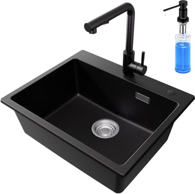 CECIPA max Granieten Spoelbak 55*45cm - Spoelbakken Met Keukenkraan en Zeepdispenser(300ML) - Spoelbak Keuken Zwart - Spoelbakken Keuken - Wasbak Keuken Met Waterafvoersysteem