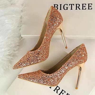 Dames Pumps Mode Hoge Hakken Bruiloft Feest Bling Dames Hakken Glitter Vrouwen Pumps Schoenen Vrouw Rood Goud Zilver Stiletto 34 brown