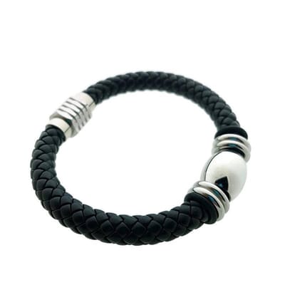 Aramat Jewels | Armbanden | Stoere Zwarte Armband met Stalen Kralen | | | |10mm | Imitatieleer | Volwassenen | Verkleurd niet