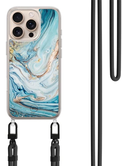Hoesje met koord geschikt voor iPhone 16 Pro Max - Marmer blauw goud - Inclusief zwart koord - Crossbody beschermhoes - Transparant, Blauw, Goud - Mooie Telefoonhoesjes