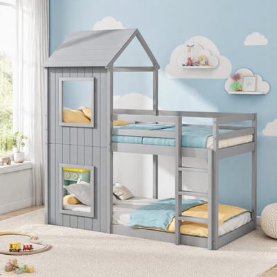 MEUNIQ Stapelbed 90x200 cm kinderbed in huisbed vorm met ladder en veiligheidshek, bedframe van hout en MDF voor kinderkamer, grijs