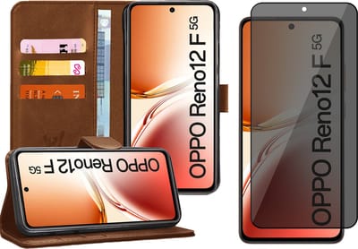 Hoesje geschikt voor Oppo Reno 12F / 12FS - Privacy Screenprotector Volledig Dekkend Glas - Portemonnee Book Case Bruin