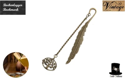 Bob Online ™ - 1 Stuk – Bronzen Kleurig – Vintage Metaal Veer Bladwijzer met Tree of Life Hangertje – Vintage Veer Boekenlegger met Boom Hanger – Metaal Veer Boekenlegger – 1 Piece – Bronze Color – Vintage Feather Bookmark with Tree of Life Pendant