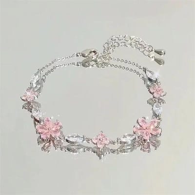 Glanzende Roze Kristal Kersenbloesem Armbanden Voor Vrouwen Meisjes Zoete Maan Strik Bloemen Zirkoon Armband Feest Esthetisch Egirl Sieraden 18cm gray
