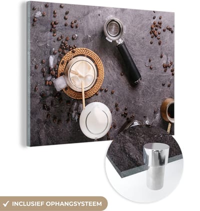 MuchoWow® Glasschilderij 120x90 cm - Schilderij acrylglas - Melk - Koffiebonen - Keuken - Koffiefilter - Foto op glas - Schilderijen