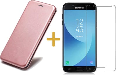 Hoesje geschikt voor Samsung Galaxy J5 (2017) Book Case Portemonnee Hoesje Roze / Roségoud + Gehard Tempered Glas Screenprotector (Hoesje Kunstleer met Siliconen Houder - Flip Cover 360° Bescherming)
